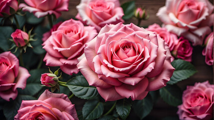 Obraz premium Top view of pink rose flower rustic wood background