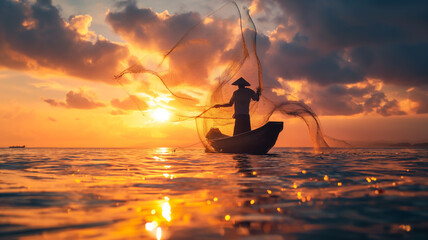  Asian fisherman on wooden boat casting a net for catching freshwater fish in nature river in the early morning before sunrise  - obrazy, fototapety, plakaty