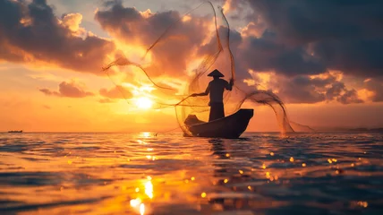 Foto op Aluminium  Asian fisherman on wooden boat casting a net for catching freshwater fish in nature river in the early morning before sunrise  © Creative-Touch