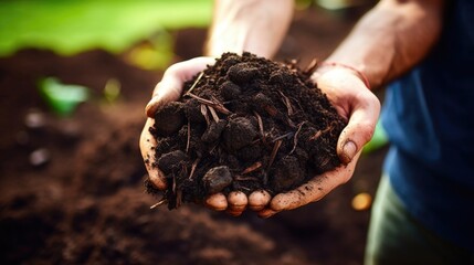 Closeup of a handful of rich, dark compost from a home composting system. - obrazy, fototapety, plakaty