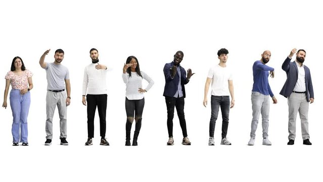 A group of people, in full height, on a white background, are invited to their place