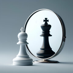 3d render, chess game white pawn piece stands in front of the round mirror with reflection of black king. Contradiction or ambition metaphor. Perceptual distortion concept. Minimalist composition - obrazy, fototapety, plakaty