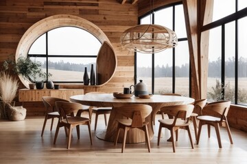 Fototapeta premium Scandinavian interior home design of modern dining room with chairs and round wooden dining table with wooden furniture on wood wall