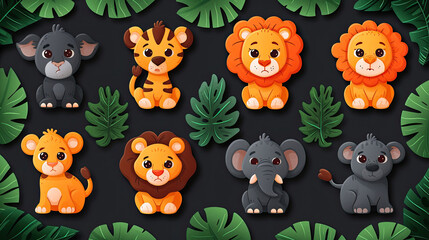 A collection of cute jungle animals illustrated on a lush black backdrop