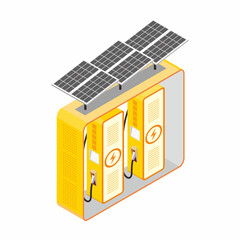 Two electric vehicle charging box facility with solar panel module for electrical energy sources. Isometric and 3D vector illustration of future transportation technology.