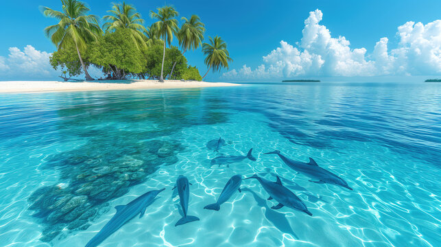 Dolphins swimming in clear waters near a tropical island.