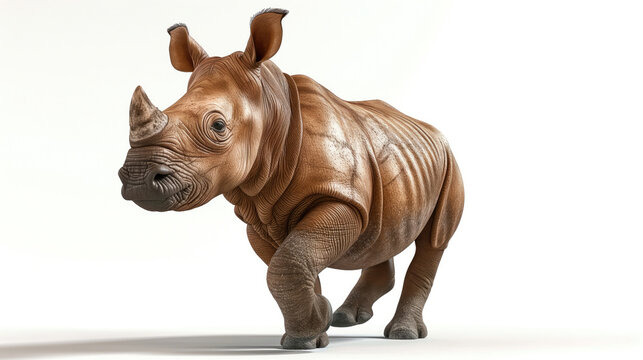 Artistically carved wooden rhinoceros on a white background.