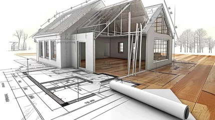 Fotobehang In an architect workshop, a detailed house replica, blending digital schematics. The model showcases a meticulous blend of digital innovation and hands-on craftsmanship © Friedbert
