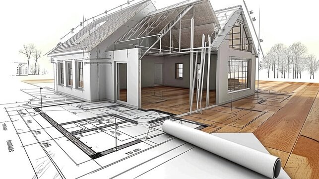 In an architect workshop, a detailed house replica, blending digital schematics. The model showcases a meticulous blend of digital innovation and hands-on craftsmanship