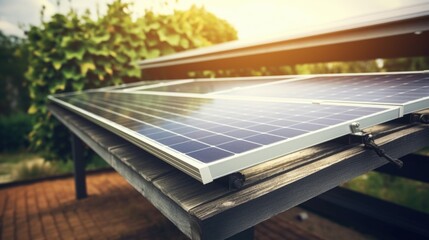 Closeup of solar panels mounted on top of a carport structure. - obrazy, fototapety, plakaty