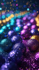 A close up of a bunch of glitter balls Mardi gras background with colorful sparkling beads. Carnival festive wallpaper.