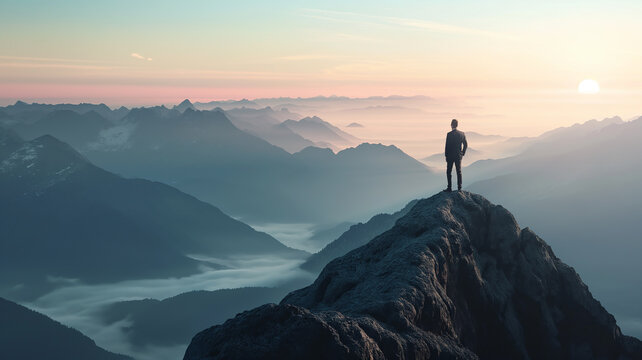 businessman standing on top of the mountain