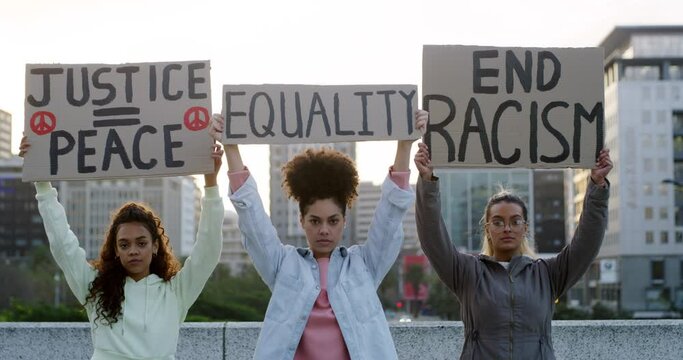 Face of women, equality or poster for racism protest in peaceful protesting for human rights in city. Justice, community or people with a message on a cardboard fighting for social change or freedom