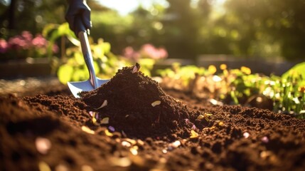 Closeup of a garden trowel scooping up finished compost, full of beneficial microorganisms. - obrazy, fototapety, plakaty