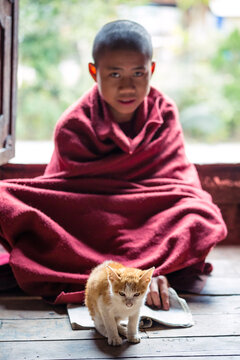 Young novice monk with his cat, Shwe Yan Pyay Monastery, Myanmar