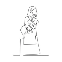 One continuous line drawing of a woman is shopping and carrying bags of her shopping in the store vector illustration. woman shopping activity illustration in simple linear style vector concept.