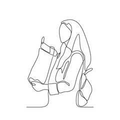 One continuous line drawing of a woman is shopping and carrying bags of her shopping in the store vector illustration. woman shopping activity illustration in simple linear style vector concept.
