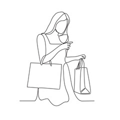 One continuous line drawing of a woman is shopping and carrying bags of her shopping in the store vector illustration. woman shopping activity illustration in simple linear style vector concept.