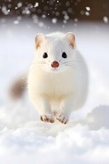 A Delicate Sprint in the Snow: Winter White Ermine Captured in a Snowy Landscape