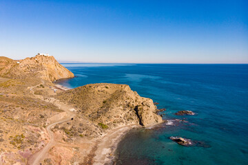 Fototapeta na wymiar Aerial view. Sea coast, Sombrerico Beach in Almeria Spain.
