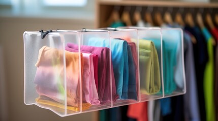 Closeup of a hanging clothes organizer with labeled compartments for different seasons. - obrazy, fototapety, plakaty