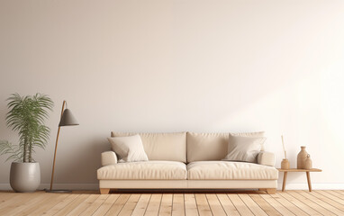 Interior of the living room. Furnished with a sofa, table, vase, and houseplants. Modern and minimalist style interior - obrazy, fototapety, plakaty