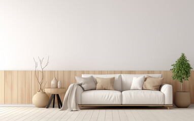 Interior of the living room. Furnished with a sofa, table, vase, and houseplants. Modern and minimalist style interior