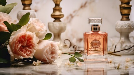 Elegant perfume bottle and roses. Neural network AI generated art - obrazy, fototapety, plakaty