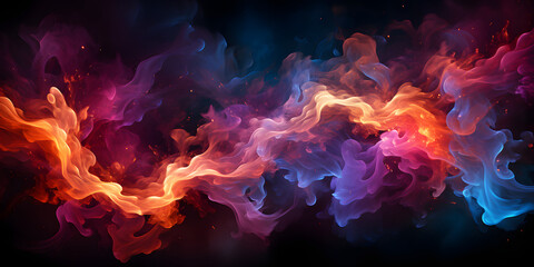 Colorful Burning Fire Flames on Black Background. Multicolored Smoke Blooms - obrazy, fototapety, plakaty