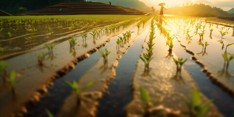 Vast rice plantation in Thailand - obrazy, fototapety, plakaty
