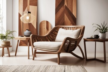 Interior home design of modern living room with rustic wooden table and armchairs with wooden abstract wooden wall