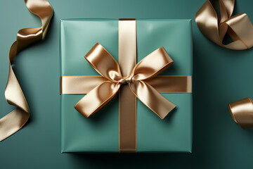 Green gift box with golden bow on green background, 3d rendering