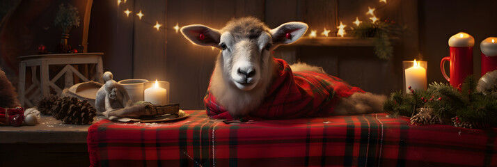 Charming Ewe in Rustic Christmas Setting – Traditional Yuletide in Countryside