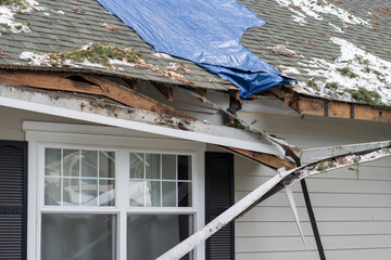 Residential house crushed by fallen trees and tree limbs during severe winter storm with strong winds. Tarp is placed on the damaged rooftop area as a temporary measure before proper roof repairs. - obrazy, fototapety, plakaty