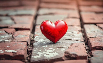 Fototapeta premium A little red heart on a brick background, Valentine's Day, Christmas. Generative AI