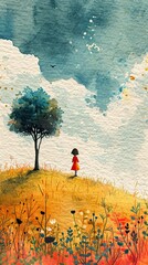 A painting of a little girl standing in a field