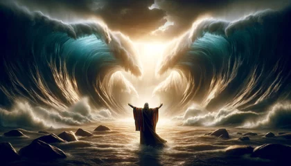 Fotobehang Moses parting the Red Sea, with big waves of water on either side and a path through the middle, emphasizing the miraculous event © bluebeat76