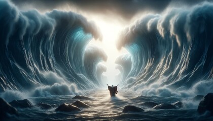 Moses parting the Red Sea, with big waves of water on either side and a path through the middle, emphasizing the miraculous event - obrazy, fototapety, plakaty