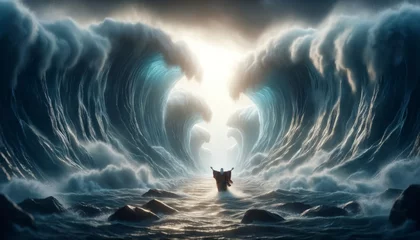 Tuinposter Moses parting the Red Sea, with big waves of water on either side and a path through the middle, emphasizing the miraculous event © bluebeat76
