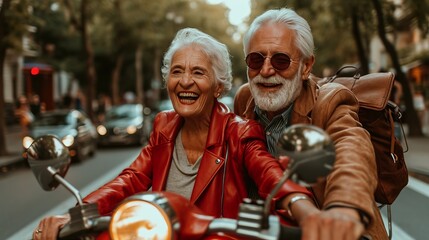 Happy retired couple riding scooter in a european city with copy space for text placement - obrazy, fototapety, plakaty