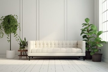 Modern interior featuring a sofa, plants, and plaid on a blank white wall. Rendered in 3D. Generative AI