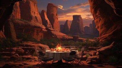 A canyon dinner scene with warm hues and dramatic rock formations.