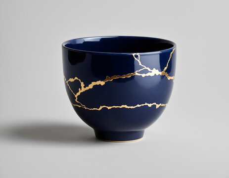 Kintsugi-Inspired Dark Blue Cup Shining Against a White Canvas