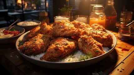 Delicious fried chicken with sweet and sour sauce on a wooden table with a blurred background