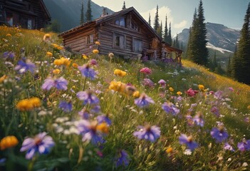 Peaceful Landscapes of a Cottage in a Field of Flowers With Mountains in the Background