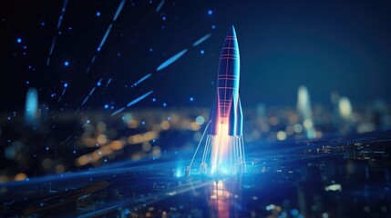 The potential of a digital startup is captured by a businessman holding a tablet displaying a holographic rocket, representing the rapid growth and success of technologydriven businesses.