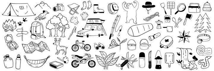 Cute hand drawn sketch design, doodle illustration set. Camping, hiking, wild adventure equipment. Outline, linear, thin line art, black and white ink drawing. - obrazy, fototapety, plakaty