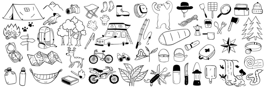 Cute hand drawn sketch design, doodle illustration set. Camping, hiking, wild adventure equipment. Outline, linear, thin line art, black and white ink drawing.