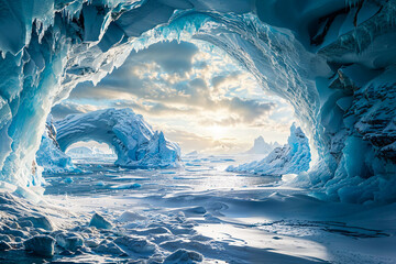 Frozen ice arctic landscape cave entrance tunnel, Antarctica, white and blue, snow, cold