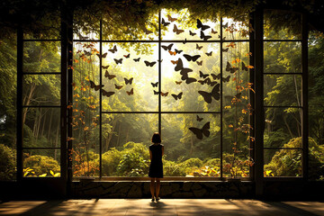Woman standing in front of large window with butterflies, looking out onto lush forest jungle landscape